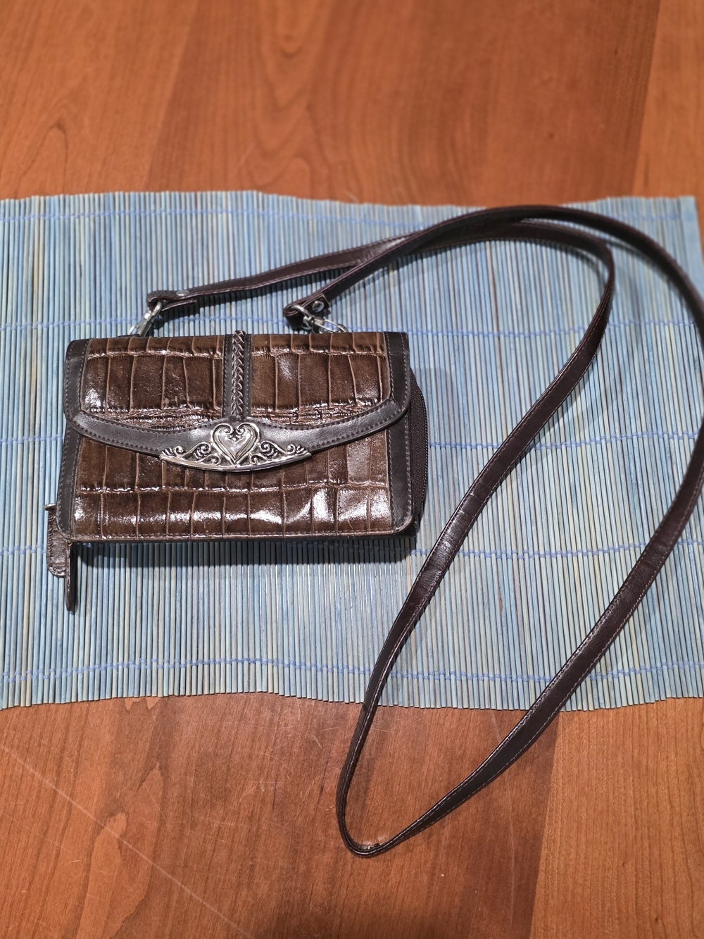 Brighton Brown Croc-Embossed Crossbody Wallet with Silver Accent